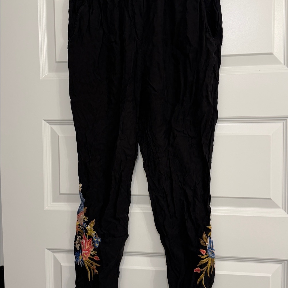 Johnny Was black satin embroidered pant